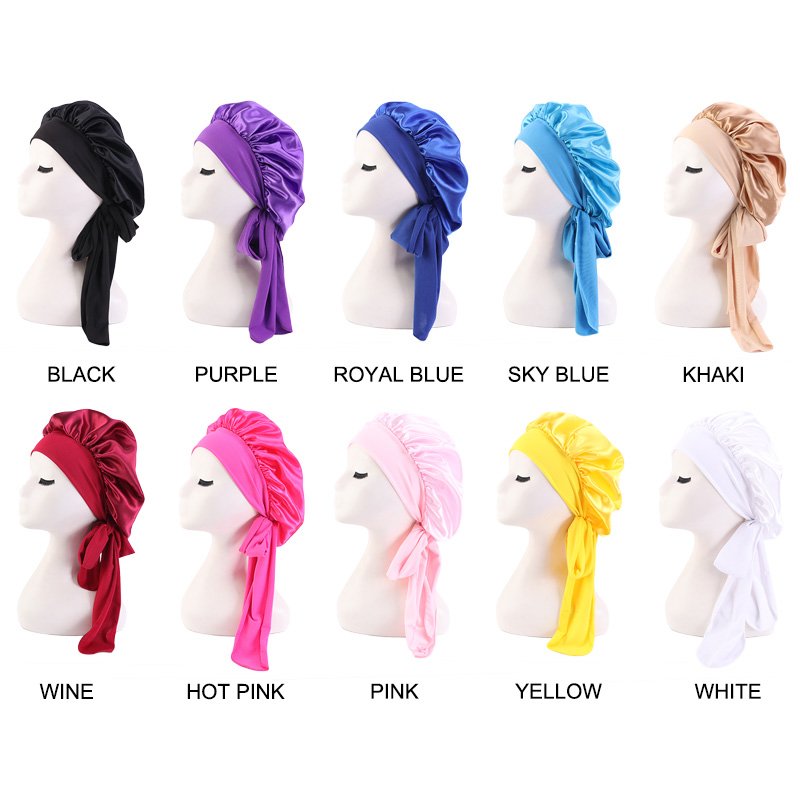 Wholesale RTS Fast Delivery Custom Logo Hot Large Sleep Hat Styling Cap Solid Satin Bonnets With Tie Designer Bonnet For Women