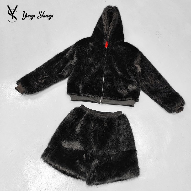 YYSY winter fur faux coats jacket short pants tracksuits fall set fleece thick warm outfit set for men