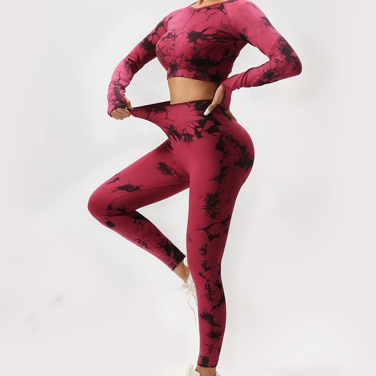 Women Tie Dye Seamless Long Sleeves Sports Fitness Top High Waist Yoga Leggings 2pcs Set Woman Skin Friendly Breathable Gym Sets
