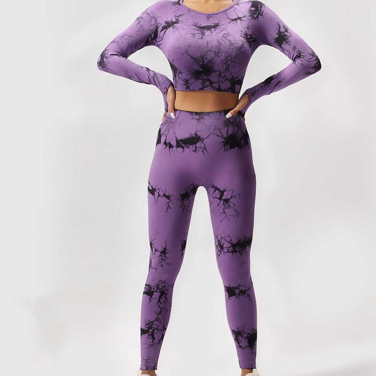 Women Tie Dye Seamless Long Sleeves Sports Fitness Top High Waist Yoga Leggings 2pcs Set Woman Skin Friendly Breathable Gym Sets