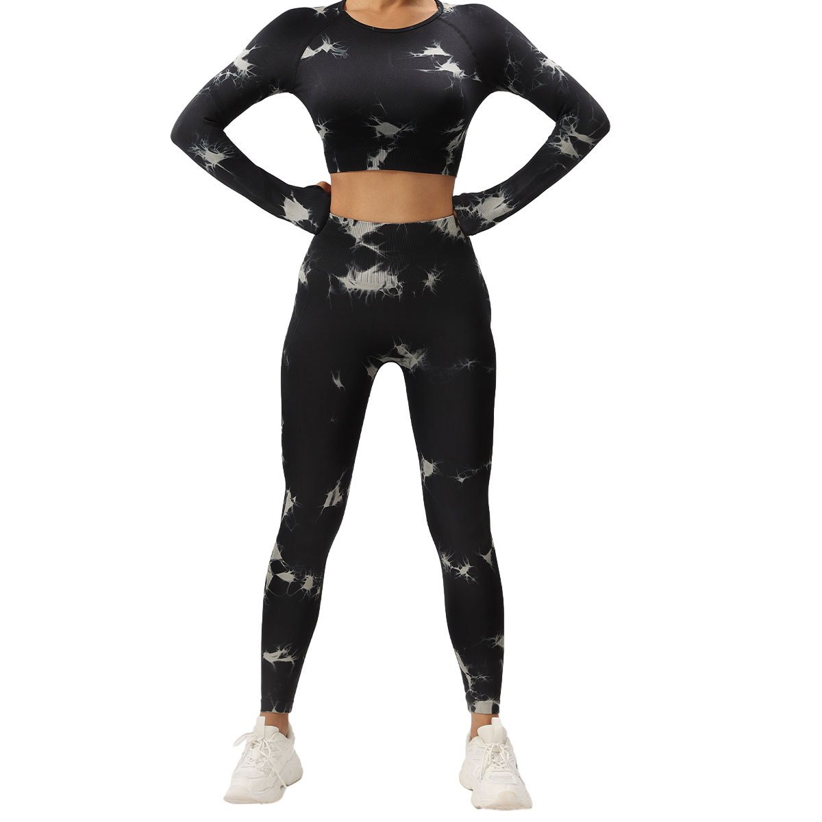 Women Tie Dye Seamless Long Sleeves Sports Fitness Top High Waist Yoga Leggings 2pcs Set Woman Skin Friendly Breathable Gym Sets