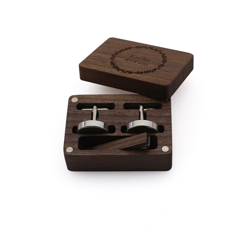 Custom Logo Walnut Solid Wooden Cuff Links Men's Wedding Anniversary Birthday Gift Box Set for Husband Father cufflinks shirts