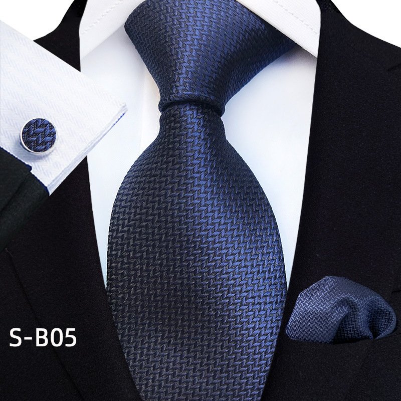 Novelty Plaid Silk Ties Set For Men Fashion Blue White Tie With Handkerchiefs Fabric Cufflinks Men Business