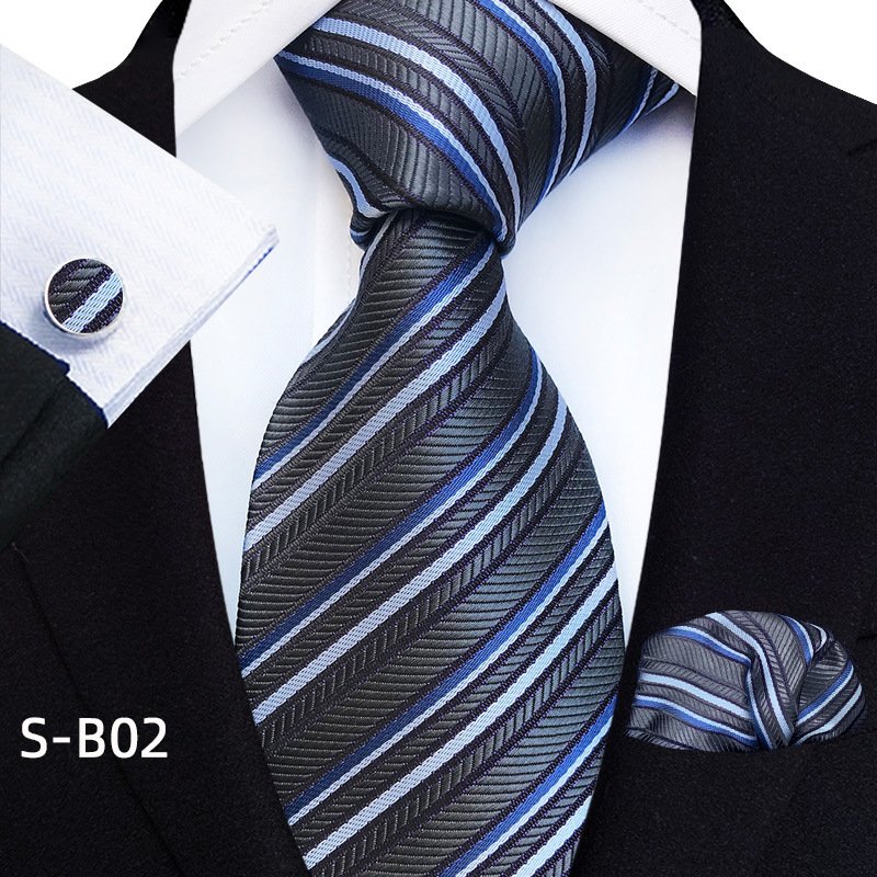 Novelty Plaid Silk Ties Set For Men Fashion Blue White Tie With Handkerchiefs Fabric Cufflinks Men Business