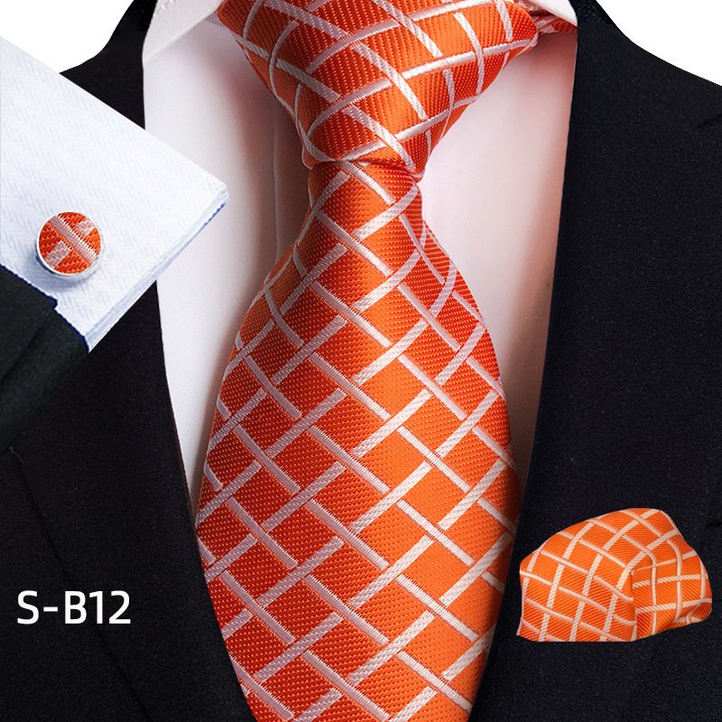 Novelty Plaid Silk Ties Set For Men Fashion Blue White Tie With Handkerchiefs Fabric Cufflinks Men Business