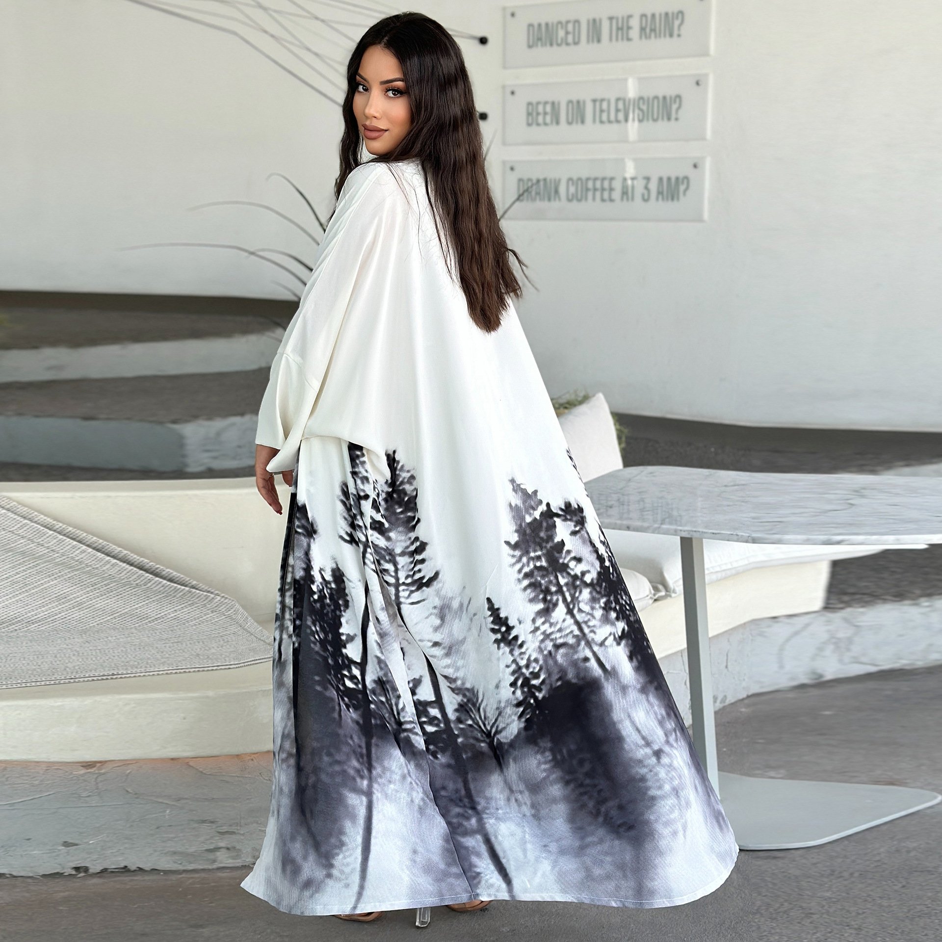 Dubai fashion style tie-dye forest pattern anti-pilling polyester fabric open long turkish muslim women abaya dresses