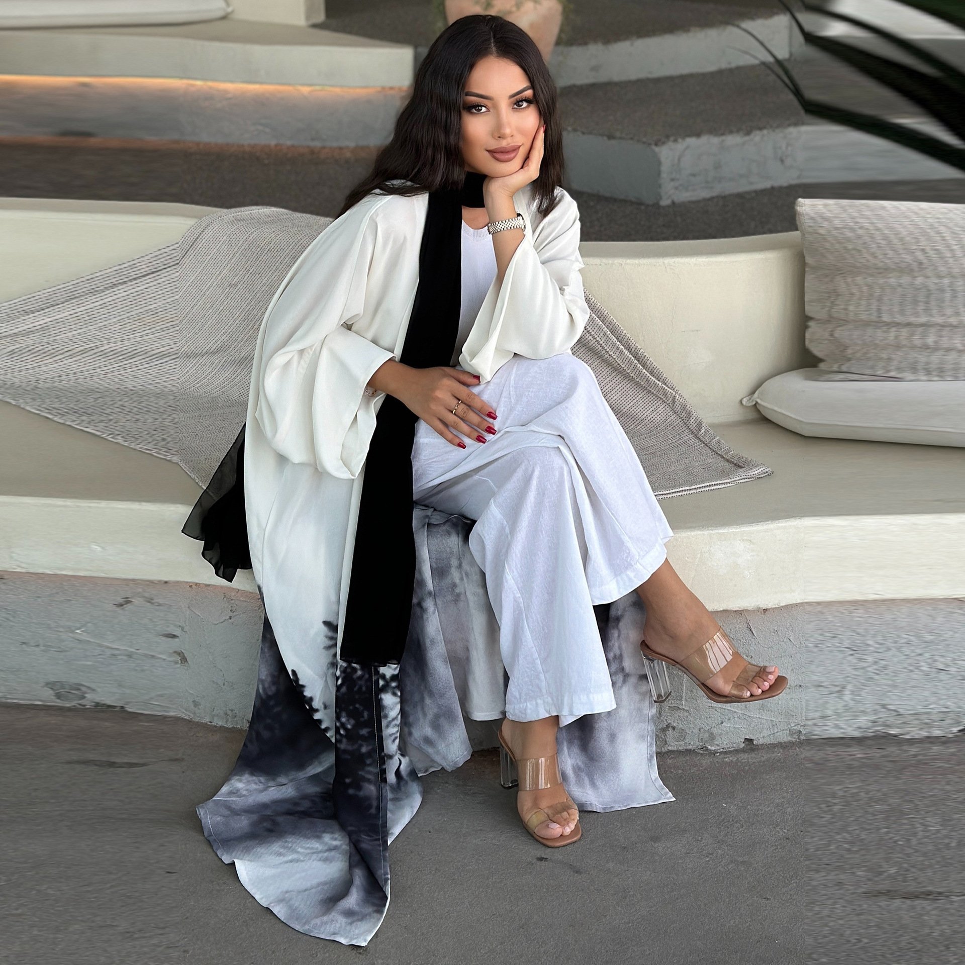 Dubai fashion style tie-dye forest pattern anti-pilling polyester fabric open long turkish muslim women abaya dresses