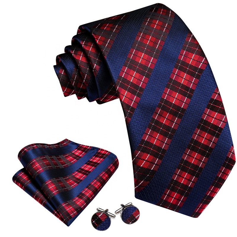 Formal Fashion Silk Tie Men's Striped Red Navy Blue Tie Pocket Square Cufflinks Set For Business Dress