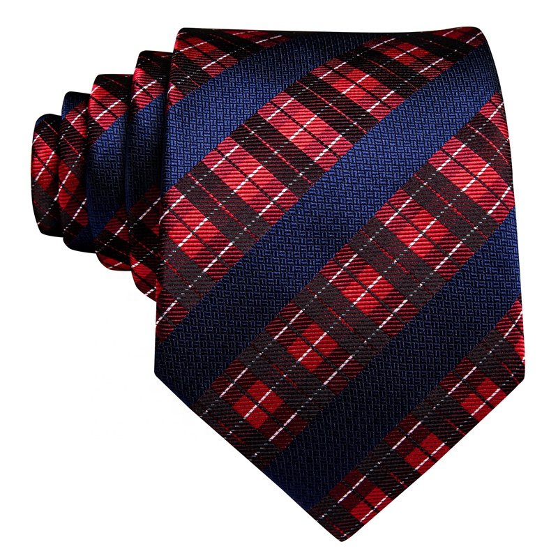 Formal Fashion Silk Tie Men's Striped Red Navy Blue Tie Pocket Square Cufflinks Set For Business Dress