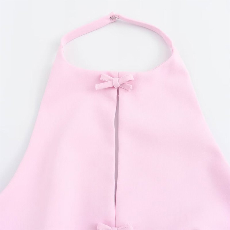 ZATRHMBM women's clothing 2024 new fashion halter neck bow tie top retro sleeveless backless elegant vest