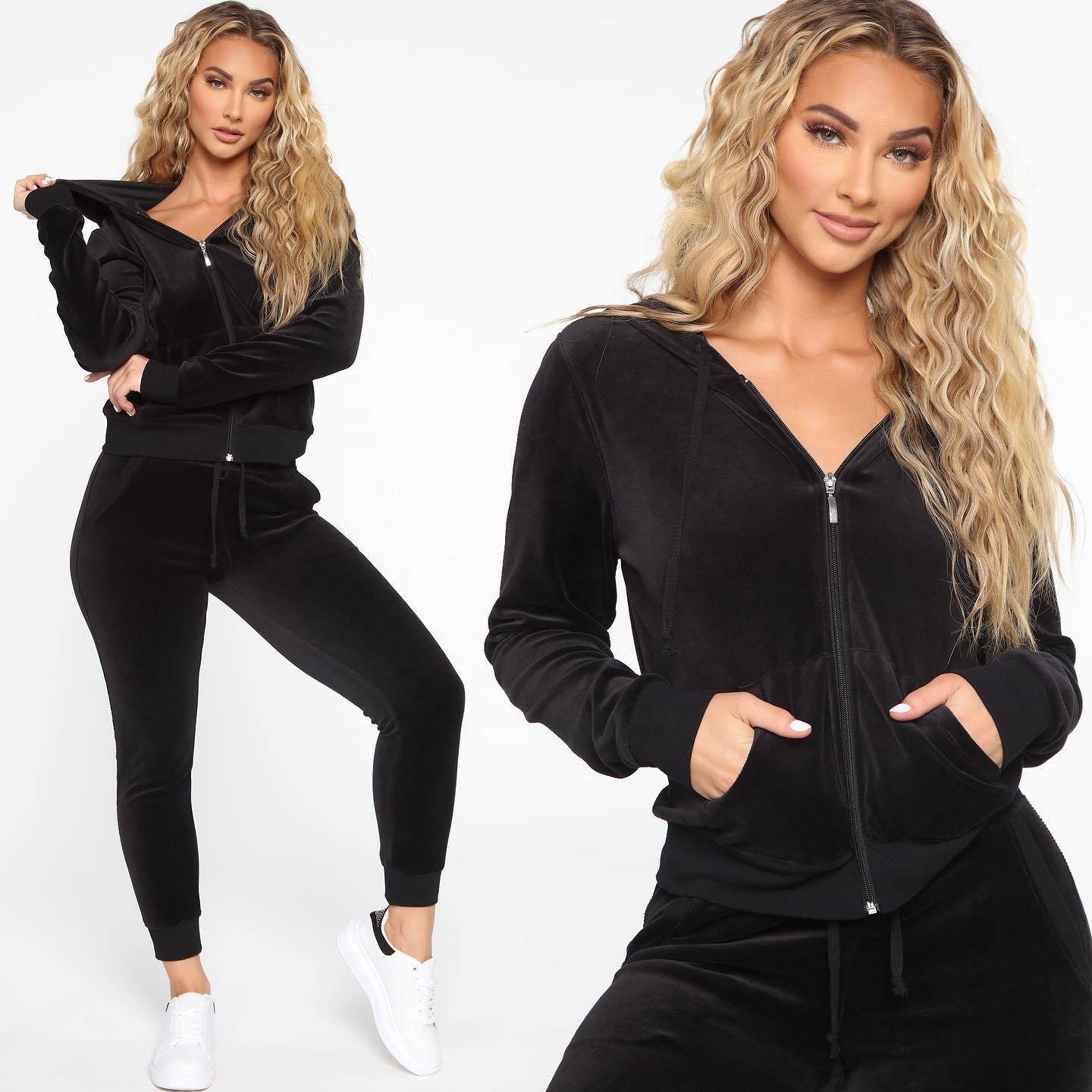 Fashion Custom Sweatshirt Women's Jogging Sweatsuit Custom Velvet Sports Workout Gym Tracksuits Two Piece Hoodie Set for Women