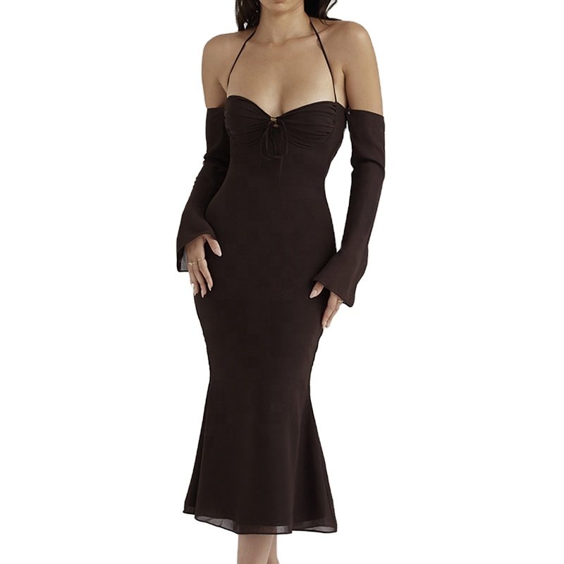 Custom High Quality Linen Midi Dresses Women Clothes Streetwear Outfits backless Flare Sleeve Bodycon Dress