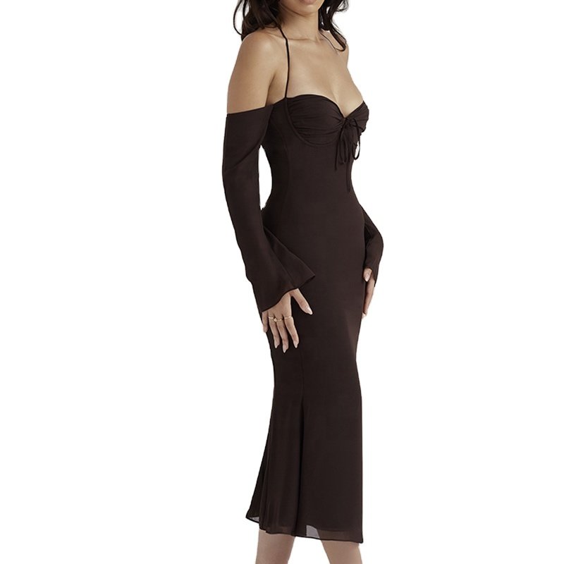 Custom High Quality Linen Midi Dresses Women Clothes Streetwear Outfits backless Flare Sleeve Bodycon Dress