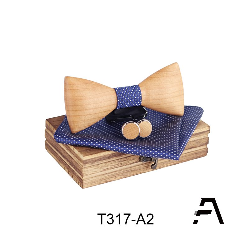 3D Men Wooden Bow Tie Bowtie and Handkerchiefs Cufflinks Necktie Set