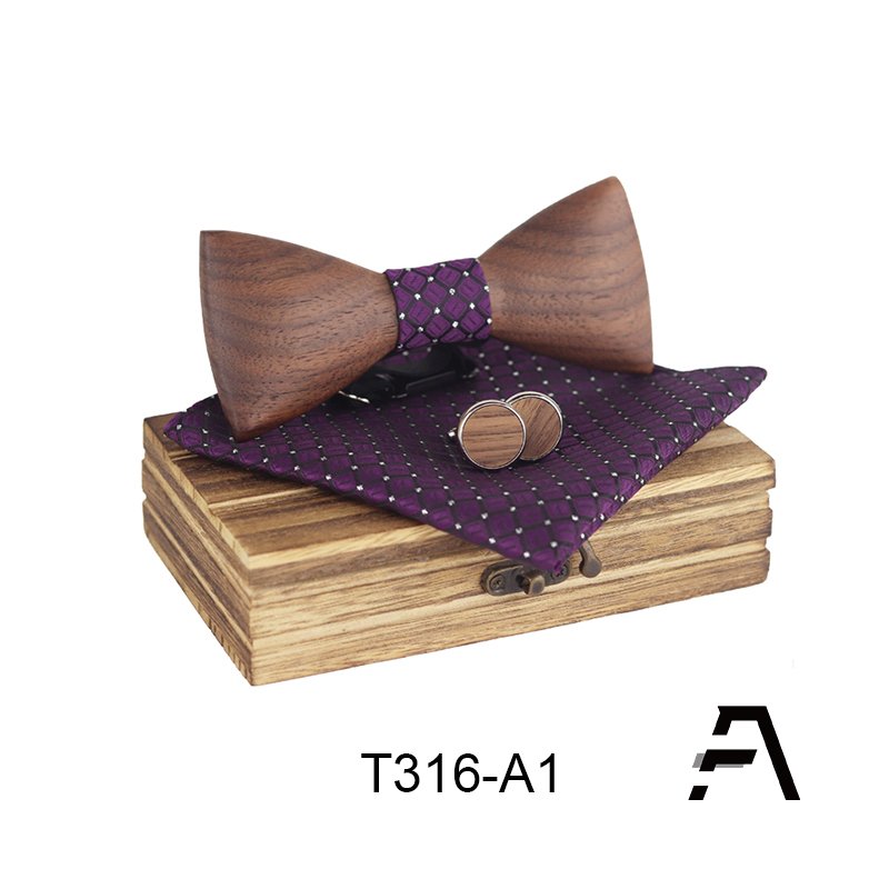 3D Men Wooden Bow Tie Bowtie and Handkerchiefs Cufflinks Necktie Set