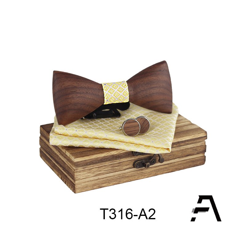 3D Men Wooden Bow Tie Bowtie and Handkerchiefs Cufflinks Necktie Set