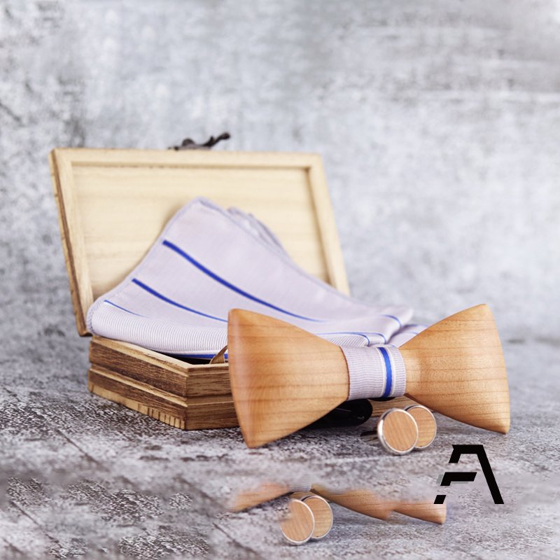 3D Men Wooden Bow Tie Bowtie and Handkerchiefs Cufflinks Necktie Set