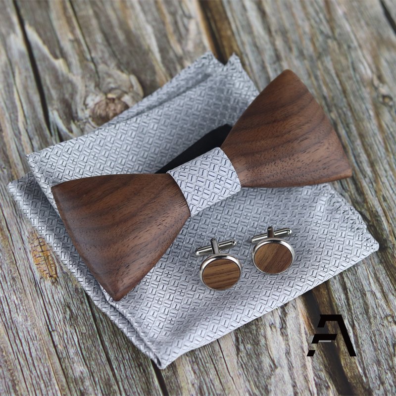 3D Men Wooden Bow Tie Bowtie and Handkerchiefs Cufflinks Necktie Set
