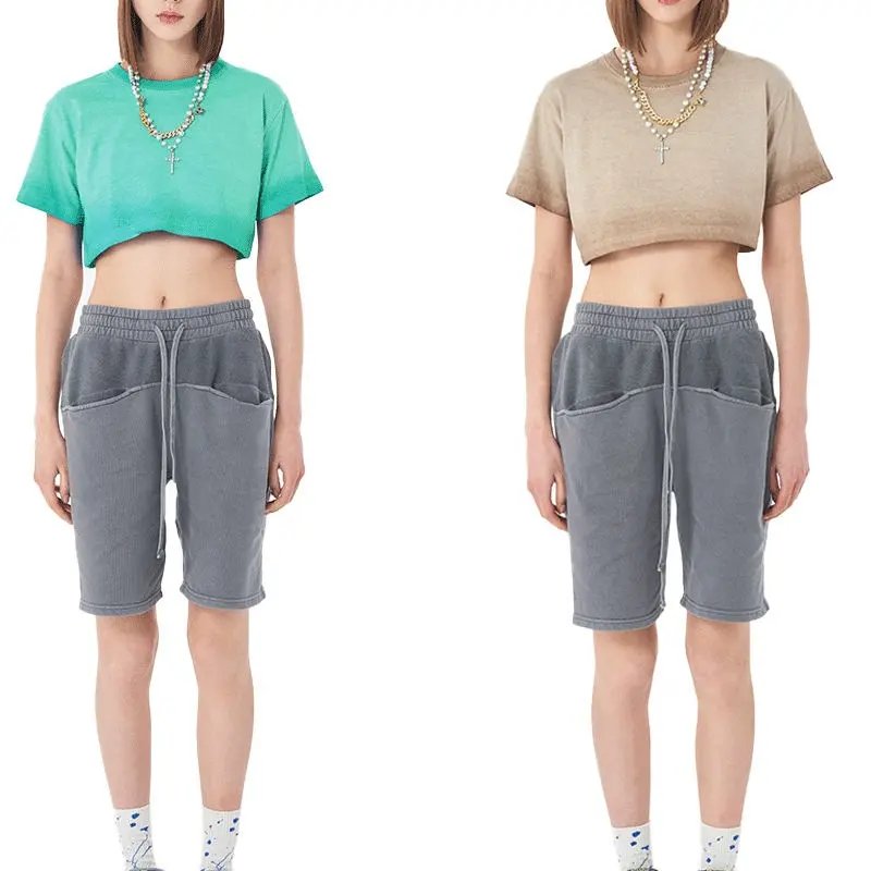 Custom wholesale Vintage Summer Women Crew Neck Loose Tshirt half waist tye-die tshirt for girls Casual fashion baby Crop Top