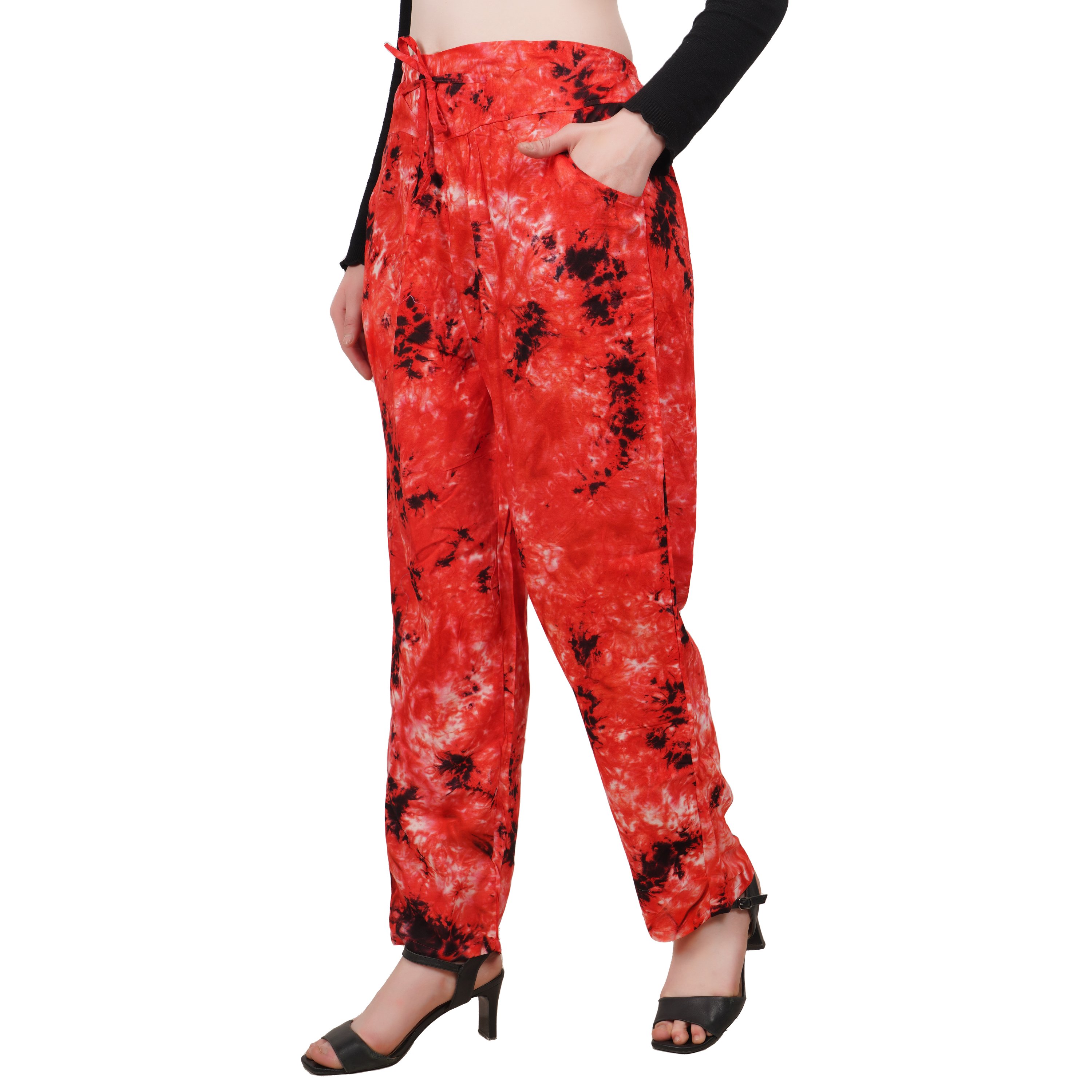 Hot Sale 2024 Modern Tie-Dye Pattern Casual Style Palazzo Trouser Pants with Pocket in Lovely Red Color for Girls and Women