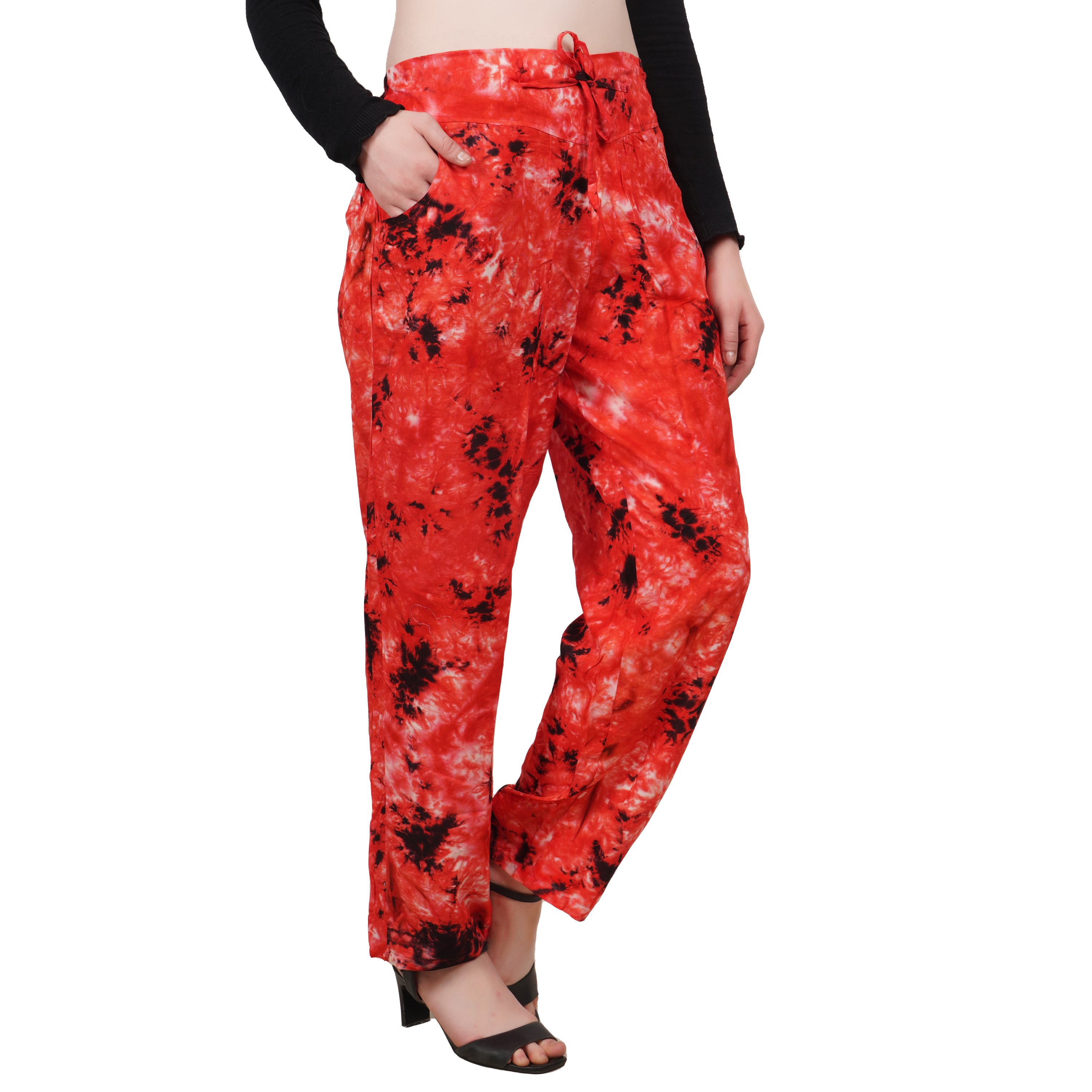 Hot Sale 2024 Modern Tie-Dye Pattern Casual Style Palazzo Trouser Pants with Pocket in Lovely Red Color for Girls and Women