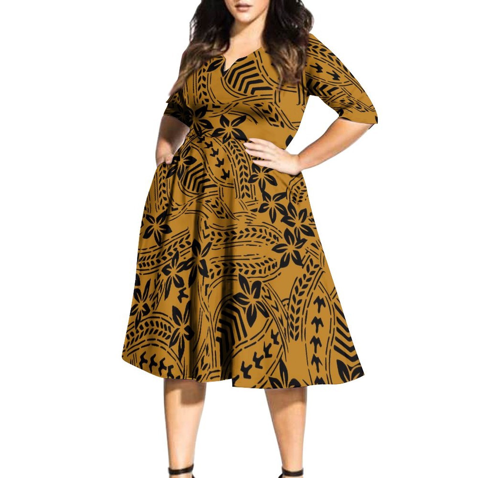 OEM Custom Polynesian Tribal Flower Printed V Neck Casual Dresses Women Elegant Island Style Dress Fit Flare Knee Length Dress