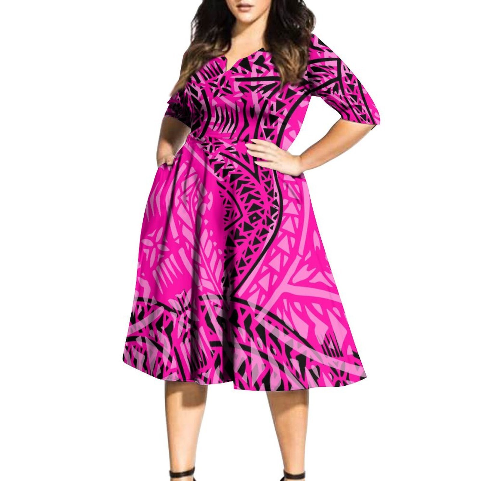 OEM Custom Polynesian Tribal Flower Printed V Neck Casual Dresses Women Elegant Island Style Dress Fit Flare Knee Length Dress