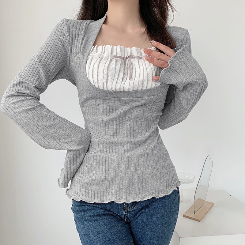 Women fashion clothing summer body suits pleated tie lace T Shirt simple slim-fit figure flattering trendy sleeve top