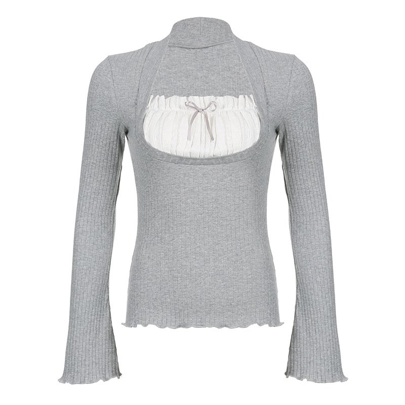 Women fashion clothing summer body suits pleated tie lace T Shirt simple slim-fit figure flattering trendy sleeve top