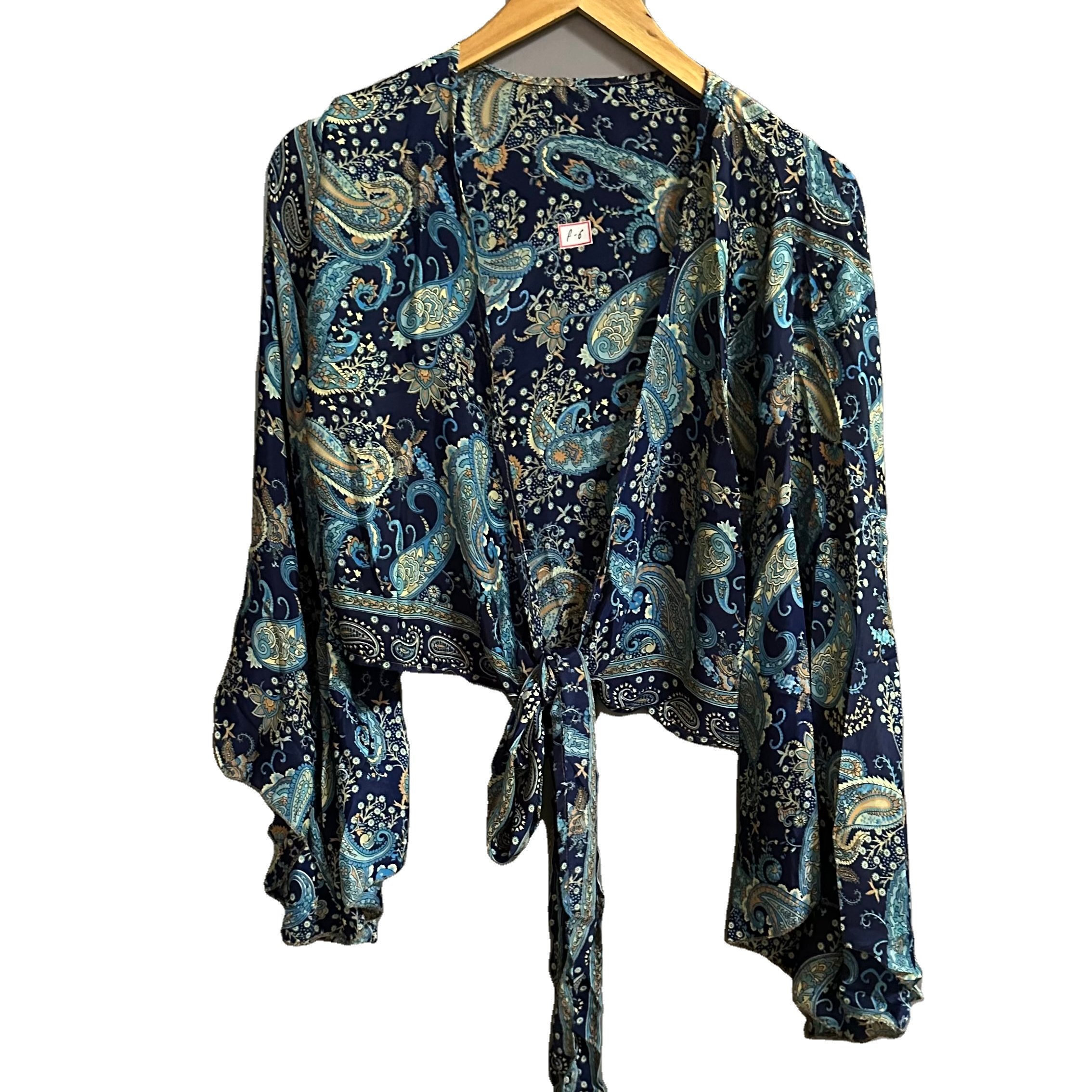 Best Quality Women's Pure Silk Casual Crop Top Summer Wear Long Bell Sleeve Deep V Tie up Shirt with Printed Dress Pattern