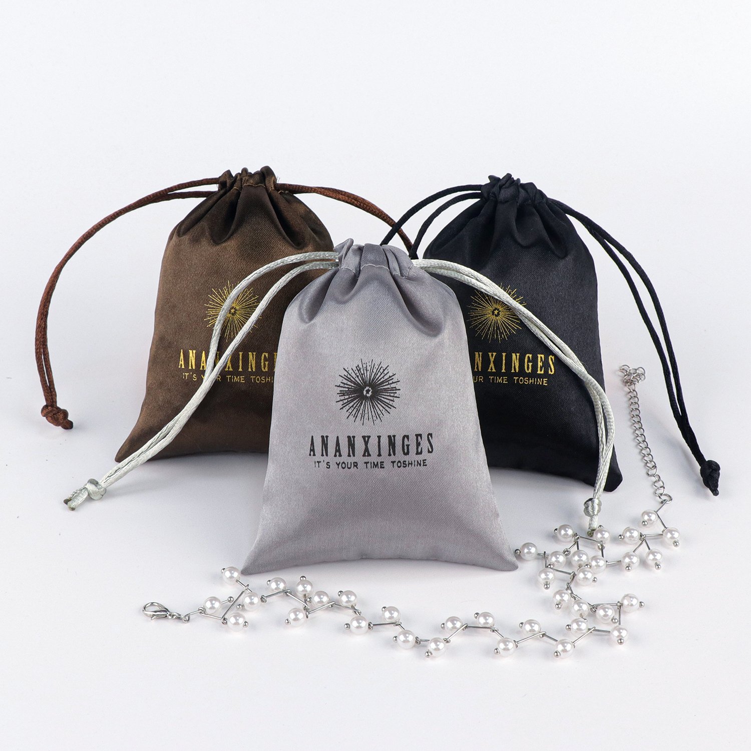 Wholesale Custom Printed Logo Small Silk Satin Jewelry Grey Pouch Drawstring Satin Bag jewelry pouches packaging with logo