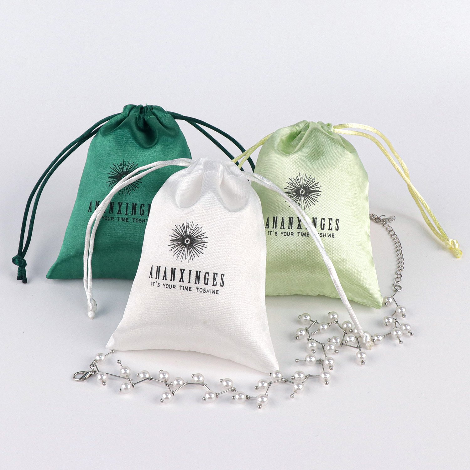 Wholesale Custom Printed Logo Small Silk Satin Jewelry Grey Pouch Drawstring Satin Bag jewelry pouches packaging with logo