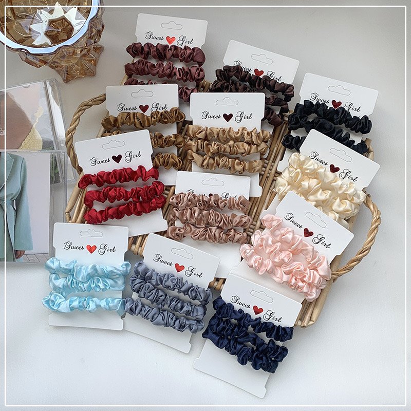3pcs/set Wholesale Spring Women Fashion Hair Tie Elastic Ponytail Hair Accessories Solid Color Mini Satin Silk Scrunchies Set