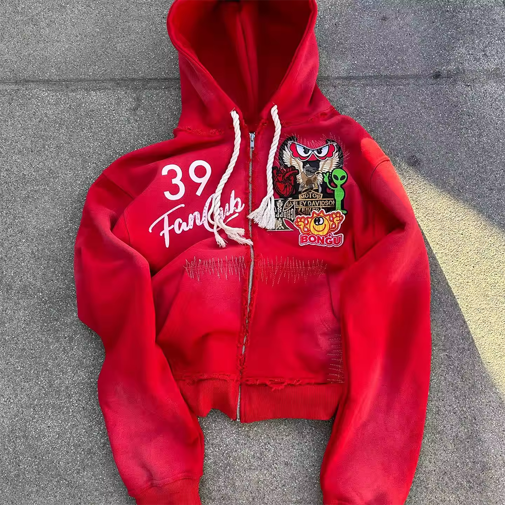 Custom Screen Printing Patch Embroidery Hoodie Heavyweight 450 Gsm Sun Faded Boxy Fit Oversized Cropped Zip Up Hoodie for Men