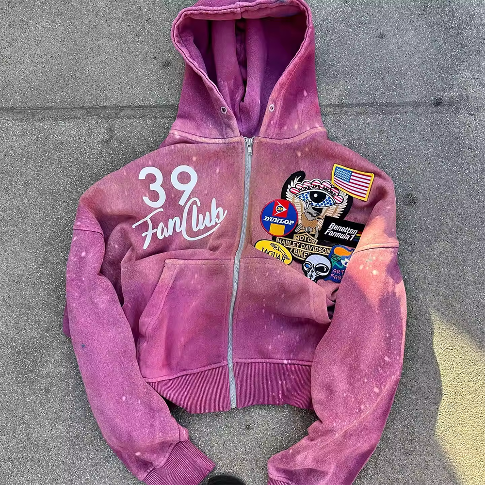 Custom Screen Printing Patch Embroidery Hoodie Heavyweight 450 Gsm Sun Faded Boxy Fit Oversized Cropped Zip Up Hoodie for Men