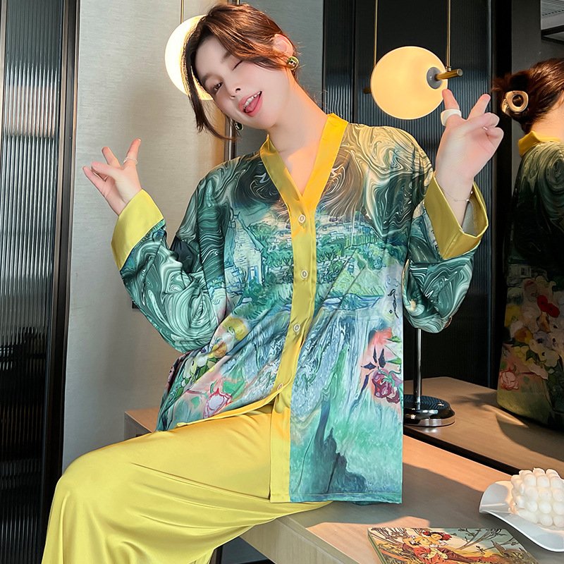 2023 Spring Fashion New arrivals print pyjamas sleepwear lounge wear two pieces long sleeve silk pajamas for women set