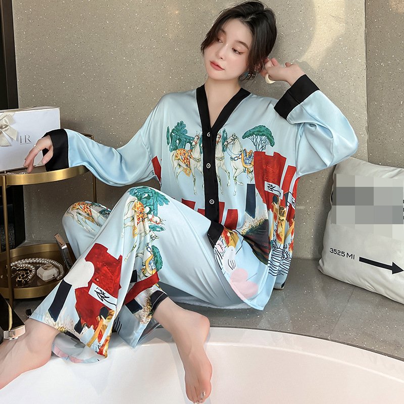 2023 Spring Fashion New arrivals print pyjamas sleepwear lounge wear two pieces long sleeve silk pajamas for women set