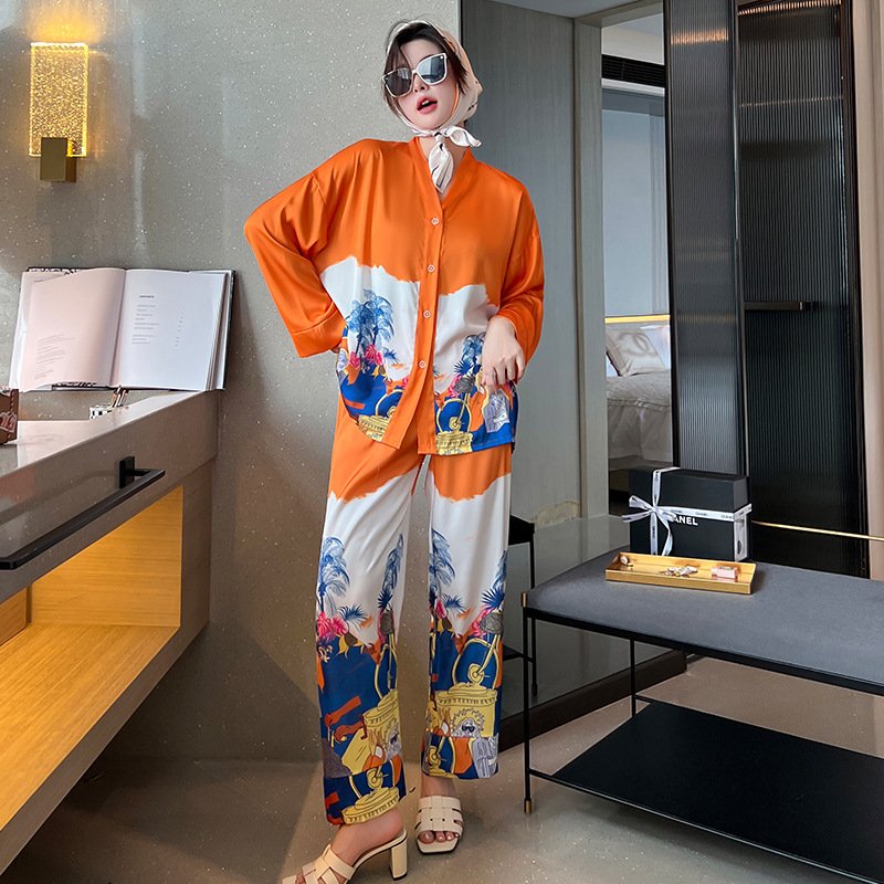2023 Spring Fashion New arrivals print pyjamas sleepwear lounge wear two pieces long sleeve silk pajamas for women set