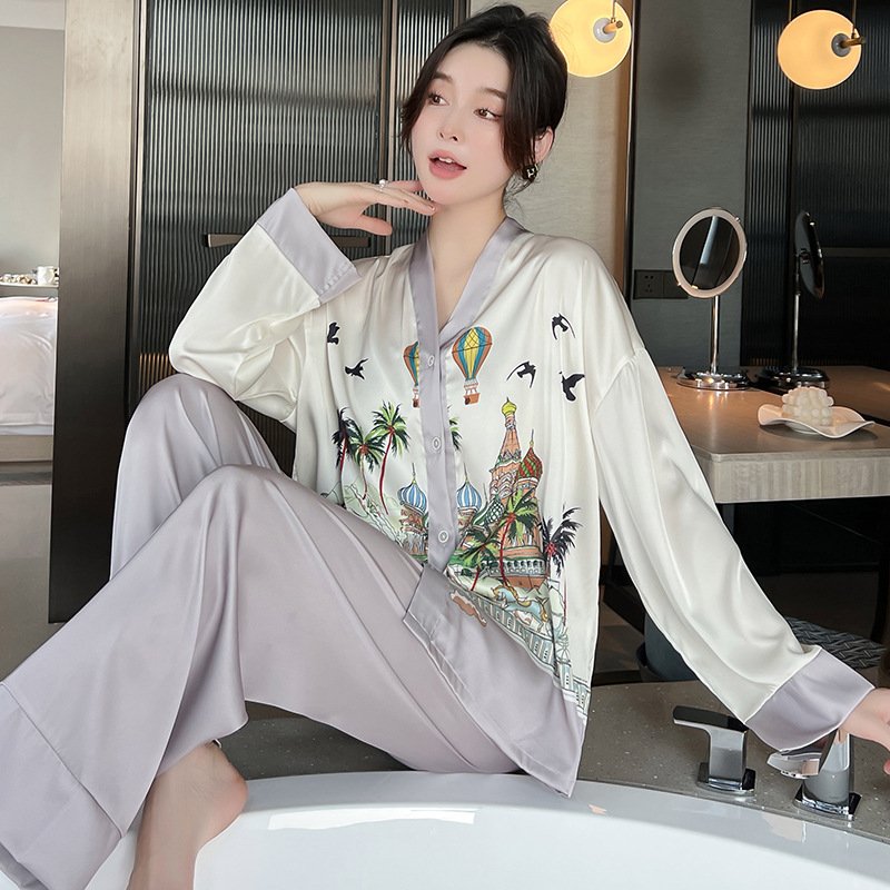 2023 Spring Fashion New arrivals print pyjamas sleepwear lounge wear two pieces long sleeve silk pajamas for women set