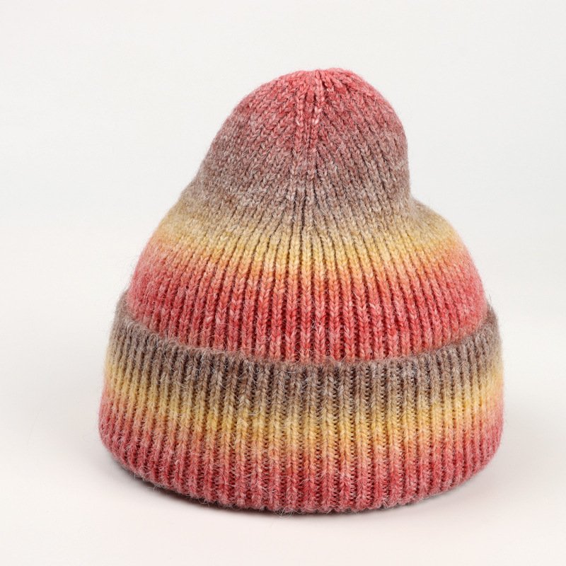 Wholesale Autumn Winter New Tie Dye Gradual Color Knitted Hat Beanie Women Rainbow Warm Thick Woolen Outdoor Beanie Hat