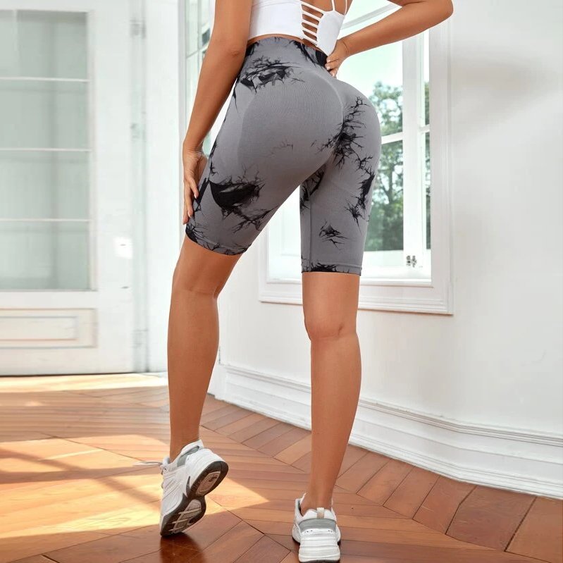 Wholesale Scrunch Butt Lift High Waist Softness Seamless Tie Dye Wide Waistband Running Sports Fitness Yoga Women Shorts
