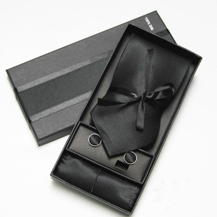 Wholesale men's suit fashion solid color high quality gift box men's tie pocket square cufflinks corbatas de seda