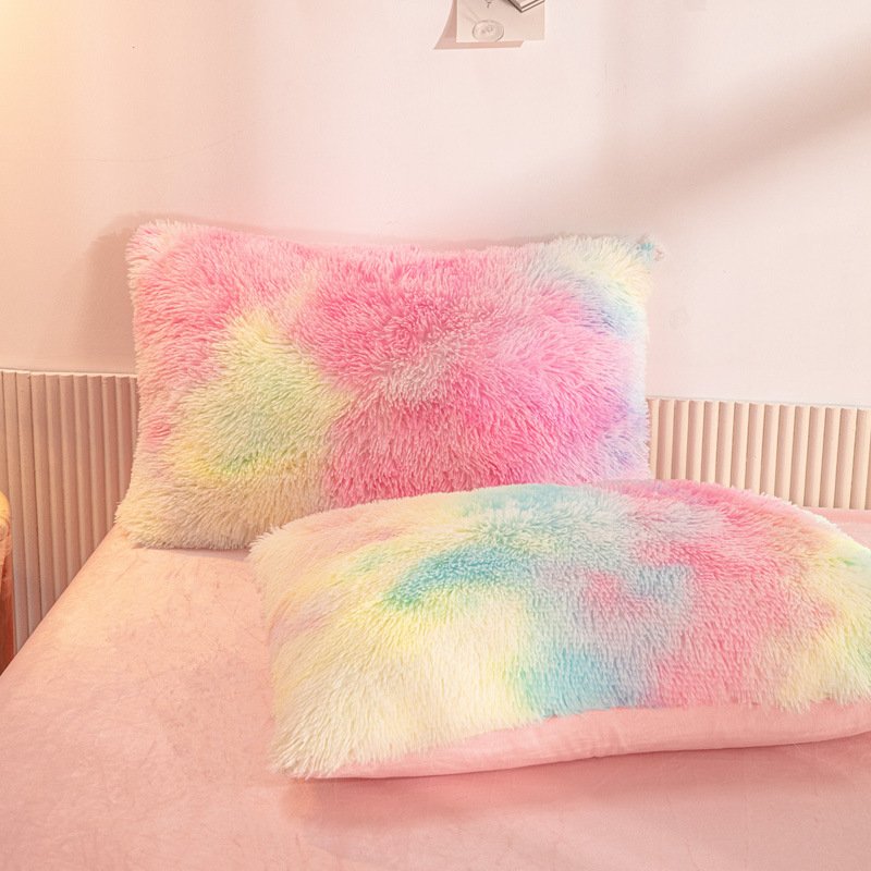 Rainbow Color Faux Fur Velvet Fluffy Plush Soft Bedding Bed Sheet Set