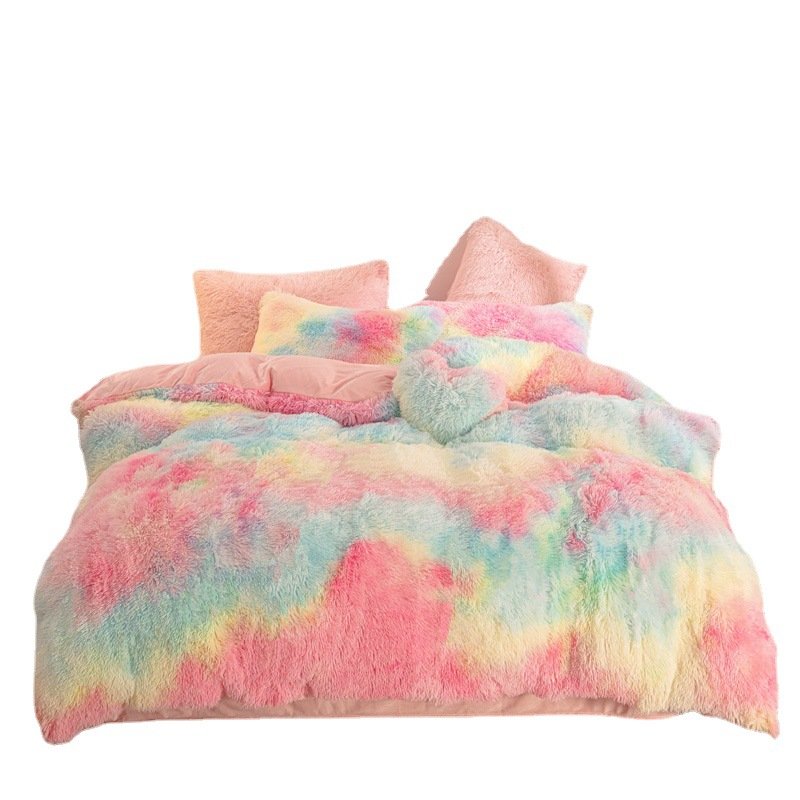 Rainbow Color Faux Fur Velvet Fluffy Plush Soft Bedding Bed Sheet Set