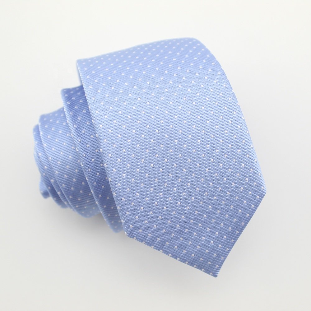 Men Casual Fashion Sky Blue Tie 100% Polyester Woven Handmade Gorgeous Grosgrain Classic White Polka Dot Slim Straight Necktie