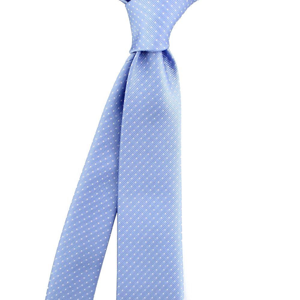 Men Casual Fashion Sky Blue Tie 100% Polyester Woven Handmade Gorgeous Grosgrain Classic White Polka Dot Slim Straight Necktie