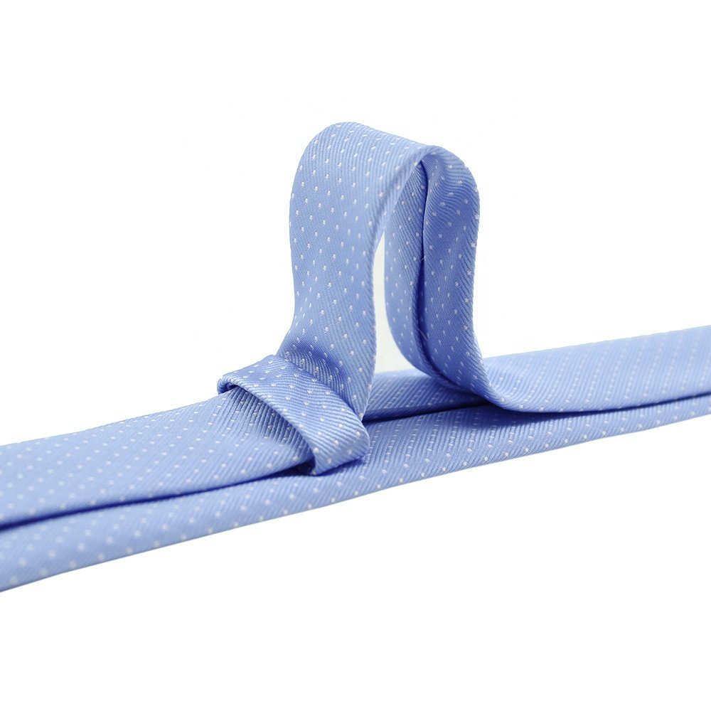 Men Casual Fashion Sky Blue Tie 100% Polyester Woven Handmade Gorgeous Grosgrain Classic White Polka Dot Slim Straight Necktie