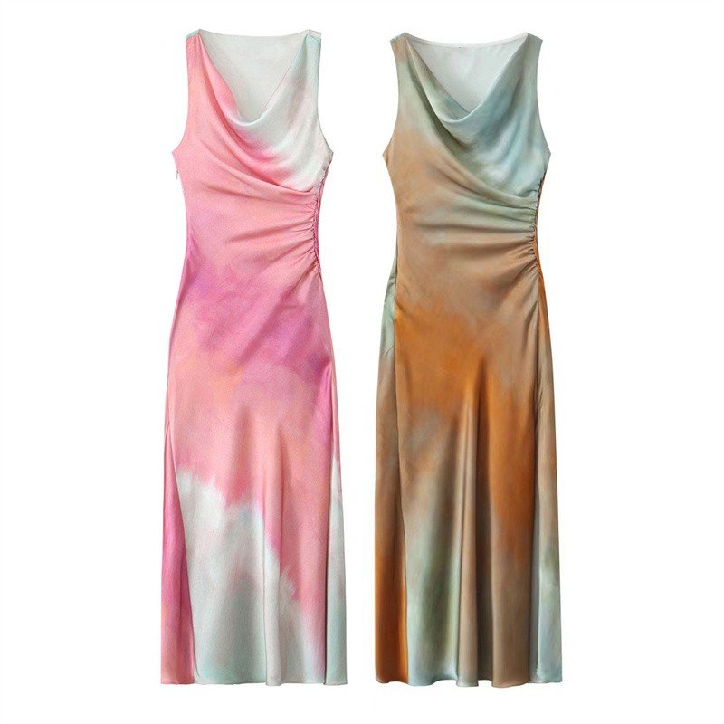 ZATRHMB summer ladies long skirt tie-dye print sleeveless mini skirt 2024 new fashion pleated slit party evening dress