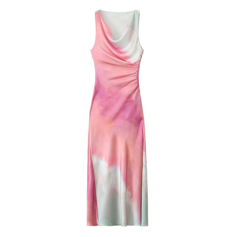 ZATRHMB summer ladies long skirt tie-dye print sleeveless mini skirt 2024 new fashion pleated slit party evening dress