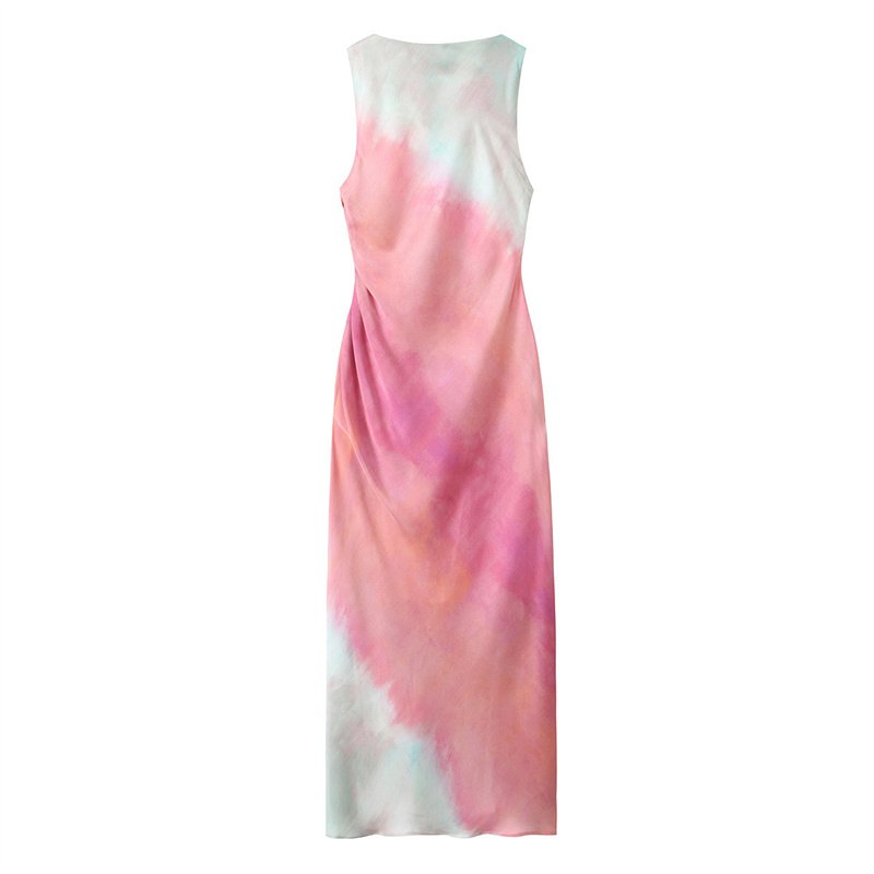 ZATRHMB summer ladies long skirt tie-dye print sleeveless mini skirt 2024 new fashion pleated slit party evening dress